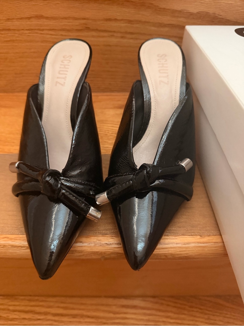 SCHUTZ Black Patent Pointed Knot Mules